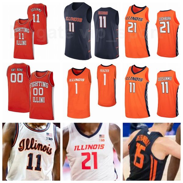 

illinois fighting illini college basketball 11 ayo dosunmu jersey 44 adam miller 5 andre curbelo 21 kofi cockburn 1 trent frazier team, Black