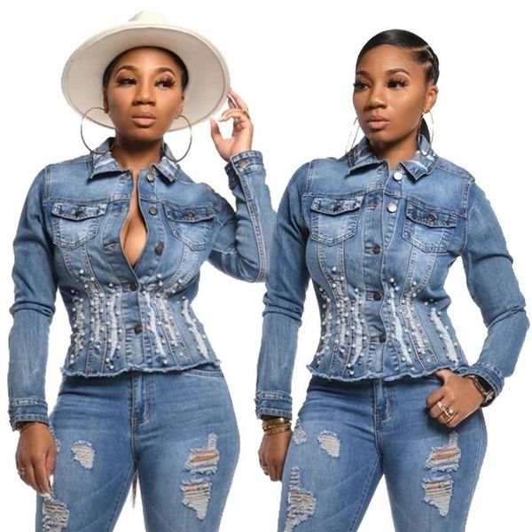 

2021 autumn jeans coat femaleheavy industry beaded denim jacket fashion rivet short denim jacket coat women cotton, Black;brown