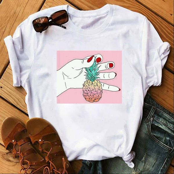 

fashion women tshirt watercolor pineapple and hand printed tee shirts female summer t shirt casual t shirt clothes, White