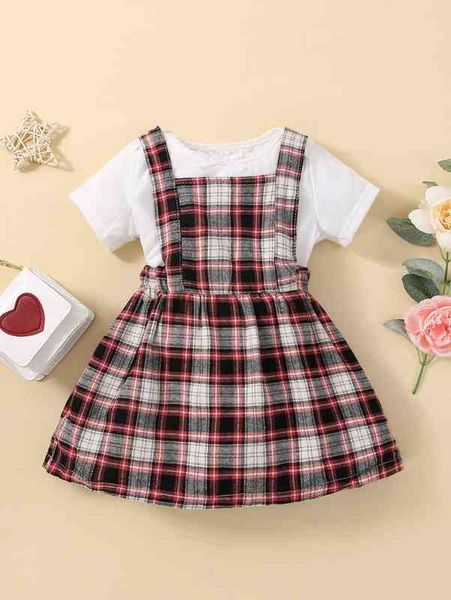 

baby bow front bodysuit & plaid print overall dress she, White