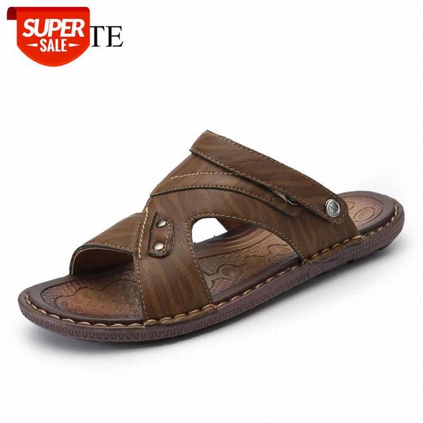 

summer leather sandals men outdoor beach sandals comfortable fashion mens breathable rubber flip flops shoes 2020 large sizes #s02w, Black
