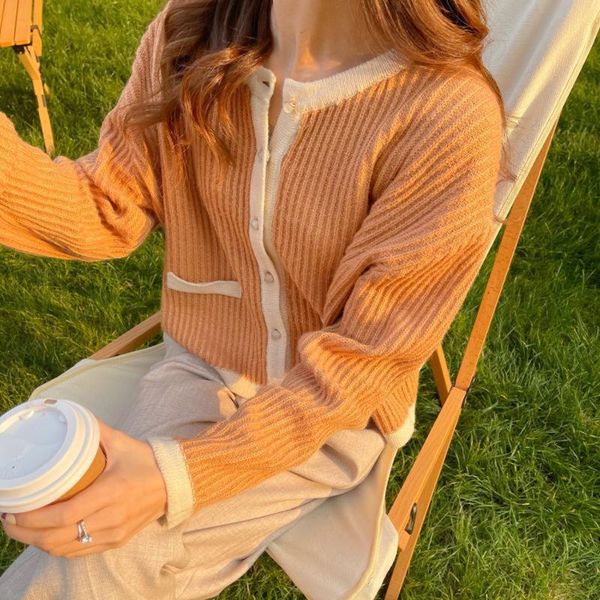 

women's knits & tees fashion o-neck orange knitted wool cardigan pearl single-breasted spring autumn sweater llong sleeved loose lovely, White