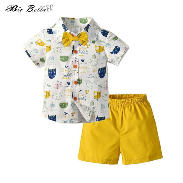 

summer boy clothes 2pcs blouse+shorts 100% cotton cute cat print short sleeve white yellow girls clothing set bow tie boys suits