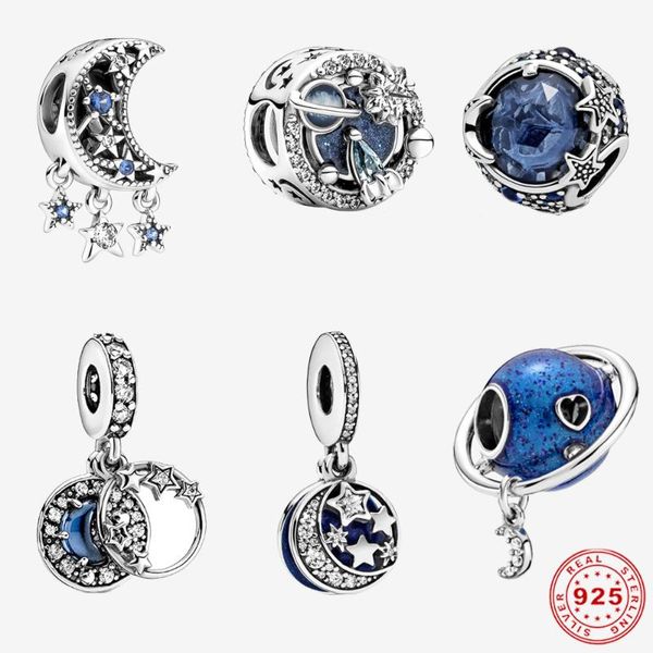 

other milky way galaxy stars and moon blue charms s925 silver color bead for women fit original moments bracelet
