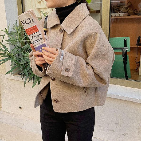 

women's wool & blends korean style coat women woolen long sleeve overcoat turn down collar ladies jacket khaki 2021 autumn winter, Black