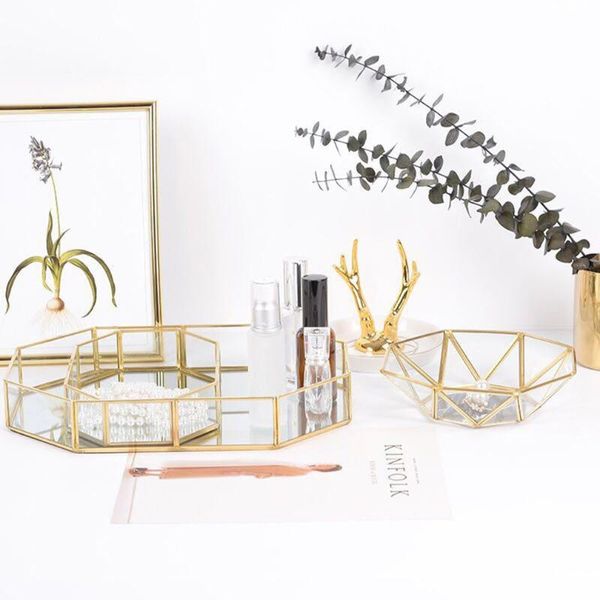 

kitchen storage & organization nordic retro brass tray golden polygon glass makeup organizer dessert plate jewelry display home decor