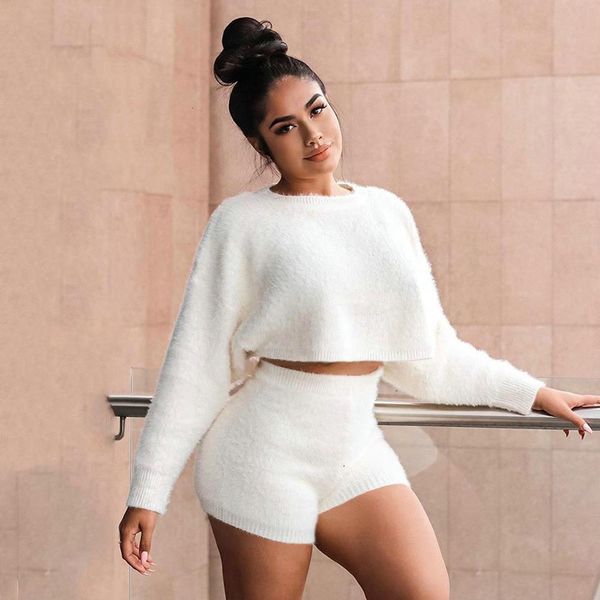 

women streetwear 2 piece outfits white o-neck long sleeve crop elastic high waist slim hips plush shorts elegant suits, Gray
