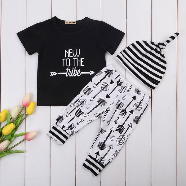 

cute newborn toddler baby boys short sleeves t-shirt clothes +arrow long pants +hat outfits set 3pcs, White