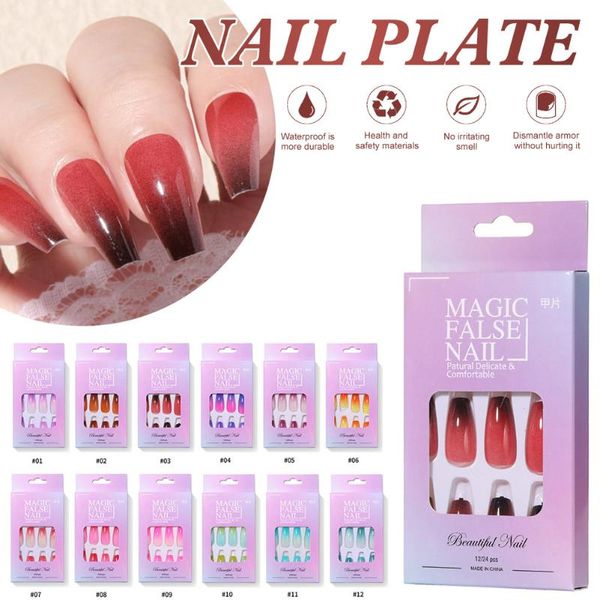 

false nails 24 pcs gradient chic nail tips diy press on art manicure tools for girls and women, Red;gold