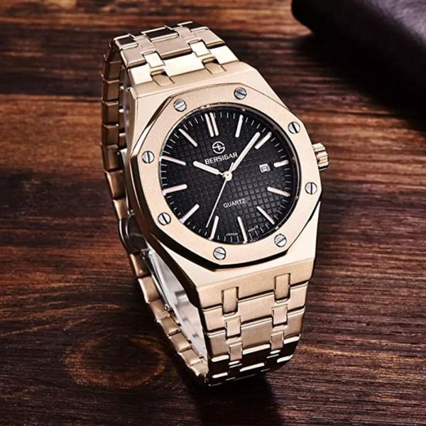 

wristwatches bersigar fashion quartz watch stainless steel waterproof business sport men's watches luxury gold wristwatch relogio mascu, Slivery;brown