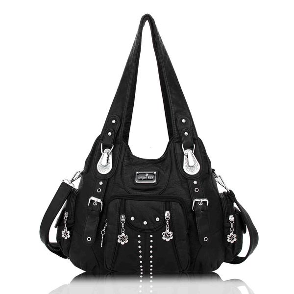 

evening bags angelkiss rivet-decorated washed pu women shoulder bag double-compartment and multi-pocket large capacity lady messenger tote y