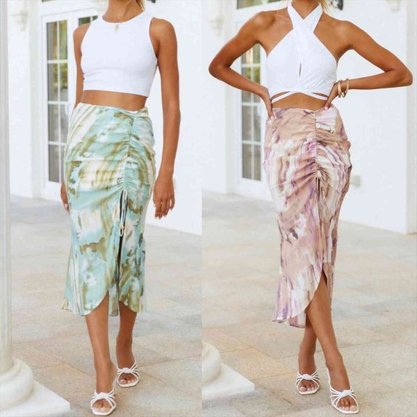 

high waist marbled midi women skirts summer boho shirring drawstring ruffles holiday bodycon split hem, Black