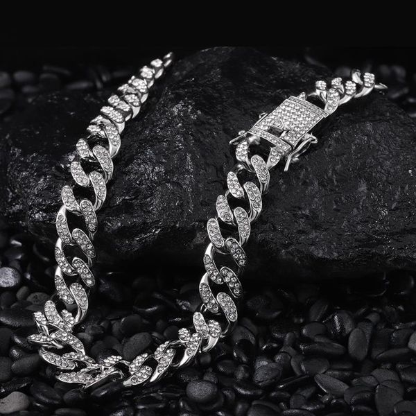 

chains men women hip hop iced out bling chain necklace 13mm width miami cuban hiphop necklaces fashion jewelry, Silver