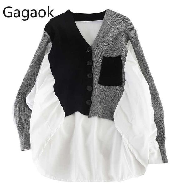 

women fashion blouse spring autumn v-neck patchwork full pocket single-breasted loose wild casual harajuku female shirt 210531, White