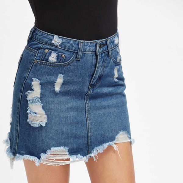 

style new women summer cool girls high 2021 casual skirts color a line new skirt blue hole denim fashion waist mini, Black