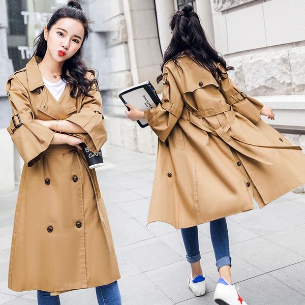 

women's trench coats double-breasted mid-sleeve mid-length windbreaker jacket for fall winter 2021 style trumpet sleeve lace-up clothin, Tan;black