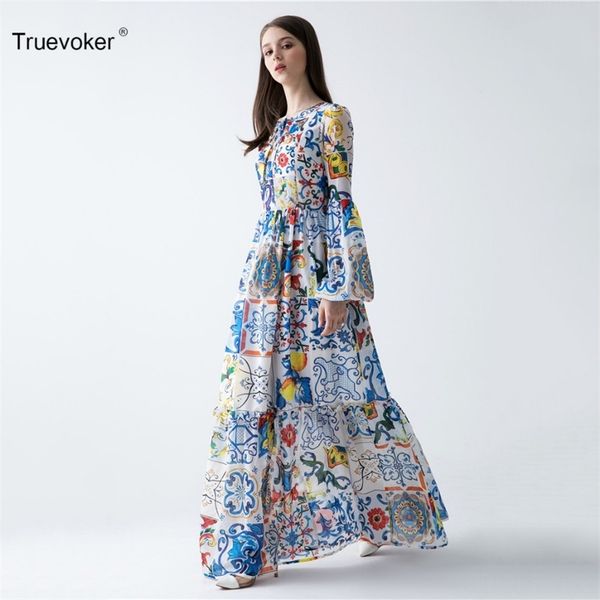 

truevoker designer maxi dres's flare sleeve vintage porcelain printed holiday ankle length silk 210602, Black;gray