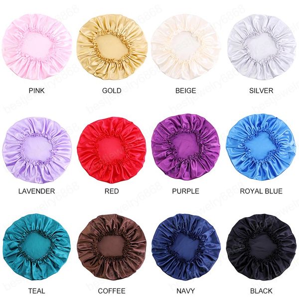 

large size women satin silky night sleep cap nightcap wide elastic hair care hat head cover bonnet dome shower caps, Blue;gray