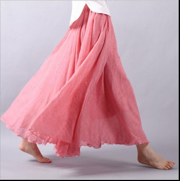 

cotton linen maxi skirt women spring summer elastic waist vintage solid pleated long skirts mori girl boho beach skirt qh1725, Black