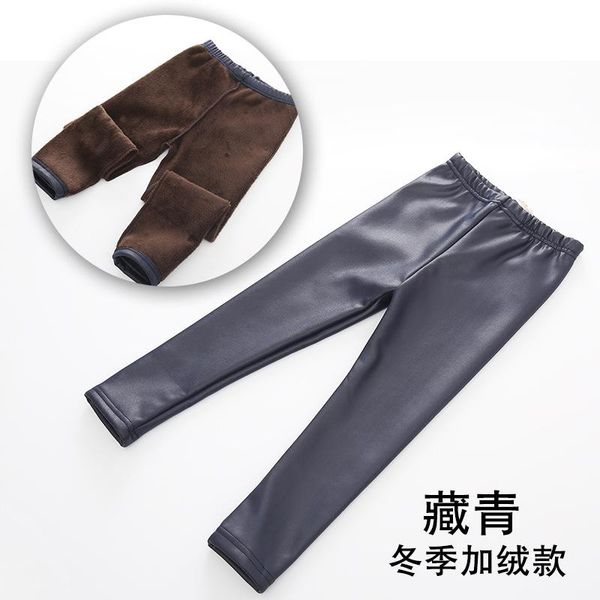 

trousers winter girl add wool imitation leather leggings big girls black plush pants, Blue