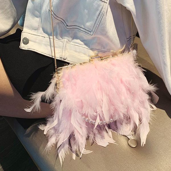 

evening bags romantic princess party feather handbag pink white clip buckle pearl chain fur crossboday small dinner bag
