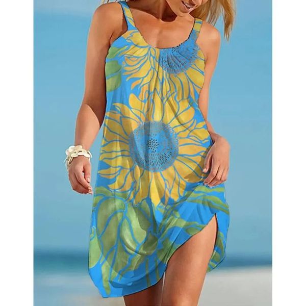 

casual dresses 2021 fashion brand sunflowers 3d print beach dress women sundress sleeveless bikini summer holiday beachwear, Black;gray