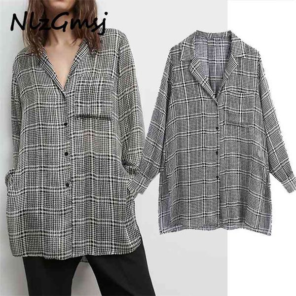 

blouse women spring long chiffon shirts female fashion single pocket loose gray plaid 210628, White