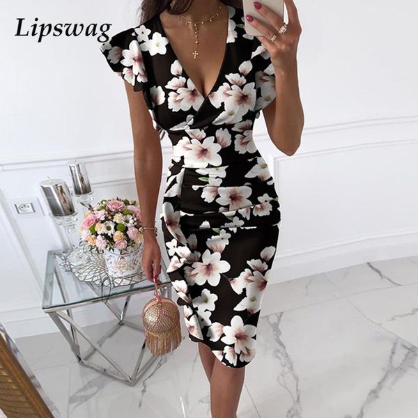 

women v neck draped party clubwear dress elegant ruffle sleeve bodycon slim dress vintage flower print office lady dresseshigh quality, Black;gray
