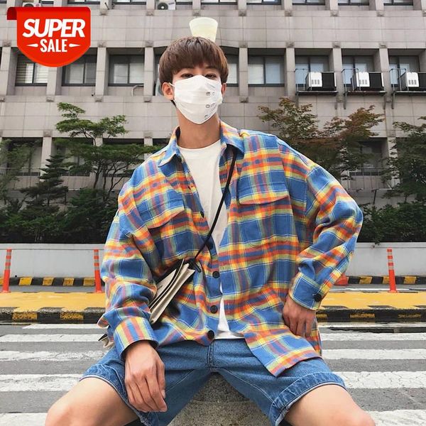 

hip hop plaid shirt spring casual long sleeve soft cotton japanese harajuku vintage aytumn patchwork shirts streetwear men women #2l2s, White;black