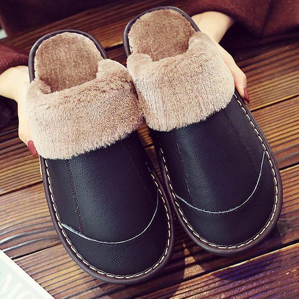 

women's slippers genuine leather slippers home velvet short plush soft comfy waterproof indoor bedroom shoes for woman, Black