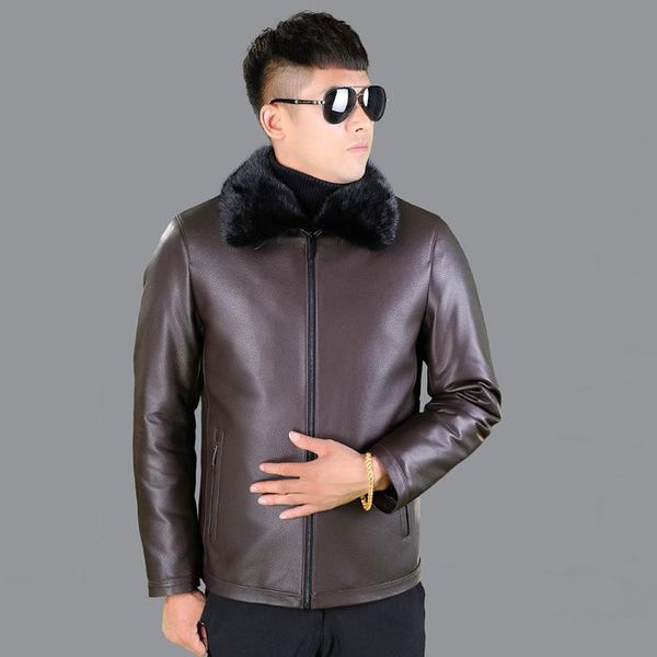 

men's leather & faux layer first deerskin jacket genuine middle-aged short lapel detachable down, Black