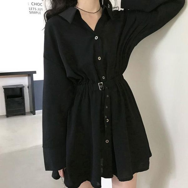 

casual dresses dress women pure turn-down collar button long sleeve collect waist elegant black clothing autumn hepburn vestido chic, Black;gray