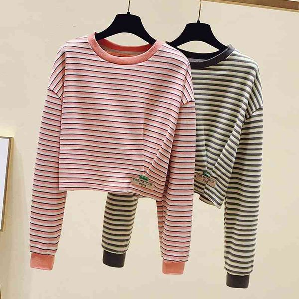 

baidian clothing women's sweater new thick loose stripe short korean long sleeve in spring and autumn 2021, Black