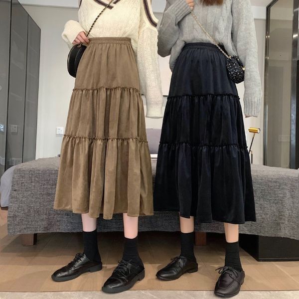 

2021 new vintage veet high waisted skirt women spring autumn frill pleated ruffles patchwork long midi black goth skirts wggd