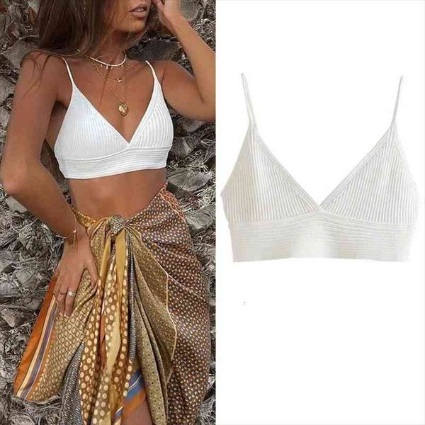 

women za white knitted crop v neck sleeveless summer woman backless ribbed camis