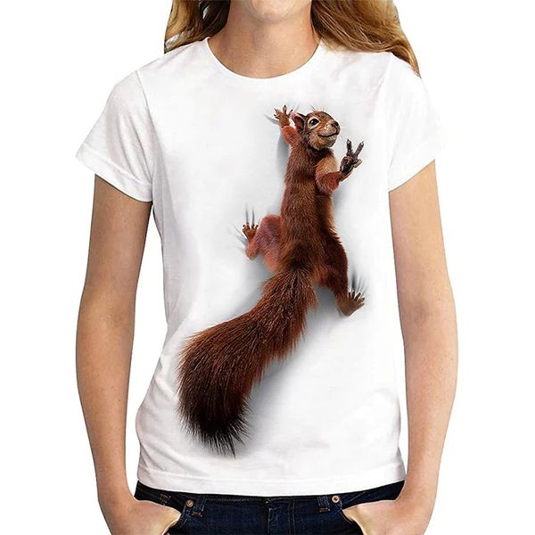 

squirrel pattern women's fashion style 3d printing round neck casual streetwear summer basic short-sleeved t-shirt, White