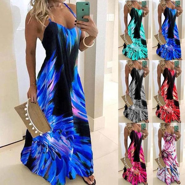 

casual dresses plus size 5xl vintage leaf print dress spaghetti strap v-neck long women summer large swing beach party tunic, Black;gray