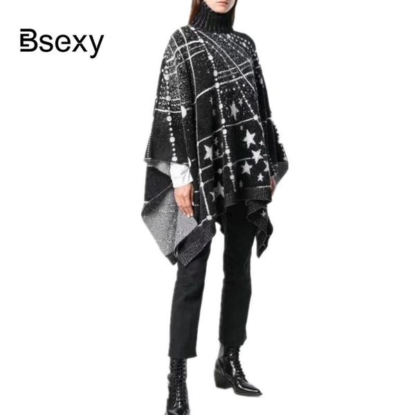

women's sweaters women stars sweater cloak 2021 winter femal turtleneck batwing sleeve irregular pullover knit runway jersey swing stre, White;black
