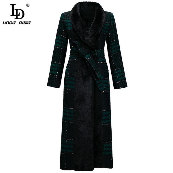 

women's trench coats ld linda della 2021 winter long coat women turn-down collar splicing belt dark green lady elegant plaid overcoat o, Tan;black