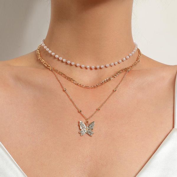 

pendant necklaces vintage multilayer pearl crystal butterfly chokers necklace for women creative round beads chain jewelry, Silver
