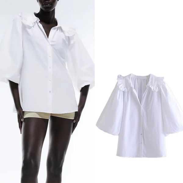 

women's blouses & shirts mrs win summer doll collar white shirt women ruffle buttoned puff sleeve woman straight vintage poplin pl186