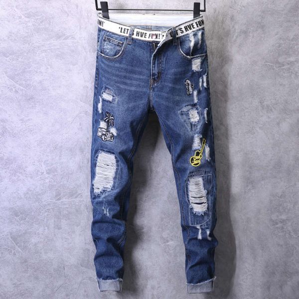 

autumn new hip hop high end fashion trend personalized holed narrow legged pants men's jeans slim, Blue