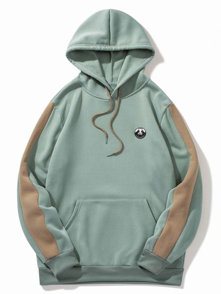 

men contrast sideseam kangaroo pocket thermal lined drawstring hoodie 50nt#, Black