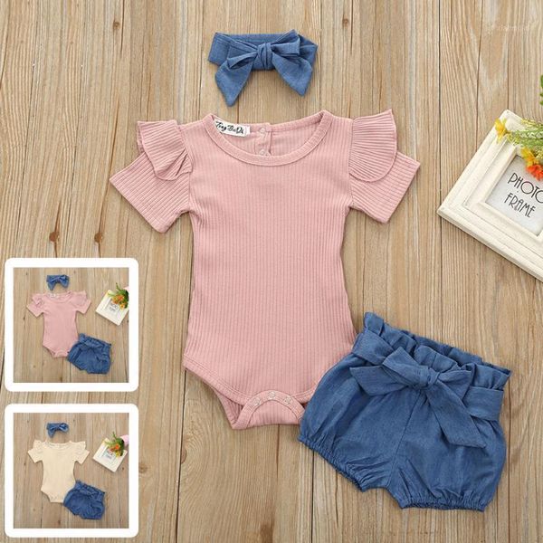 

baby girl clothes 3pcs girls infant set romper jumpsuit bowknot denim shorts outfits clothing sets, White