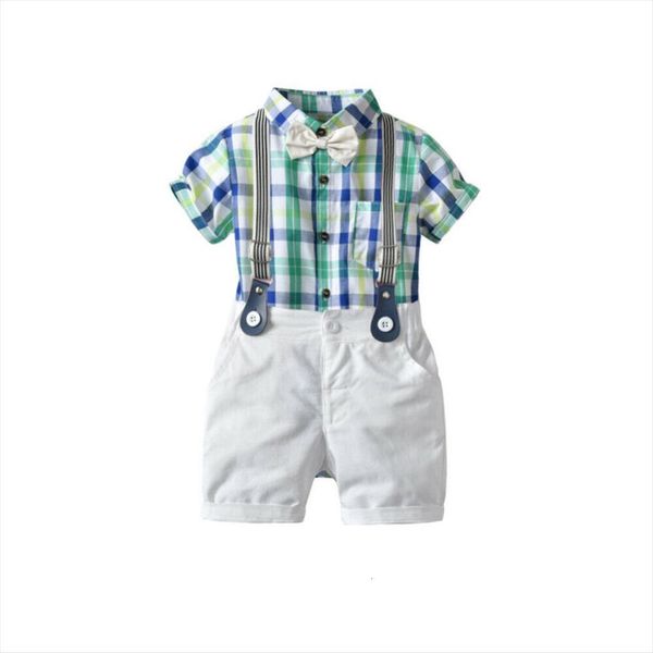 

baby summer clothing toddler kid boy clothes gentleman checked bow tie t shirt overall leggings pants 2pcs outfit, White