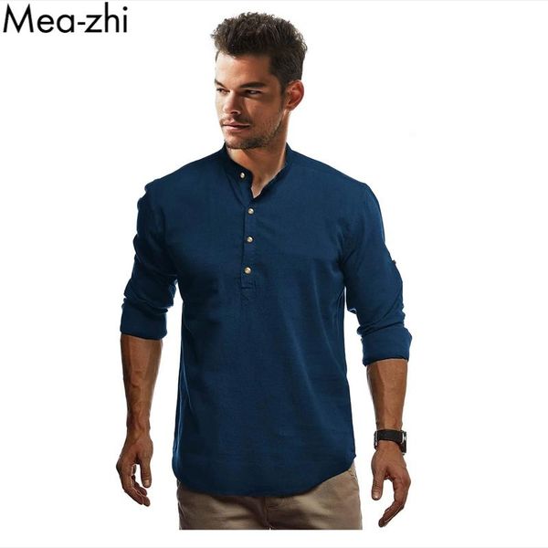 

men's casual shirts men solid half button shirt stand collar long sleeve breathable plain linen, White;black