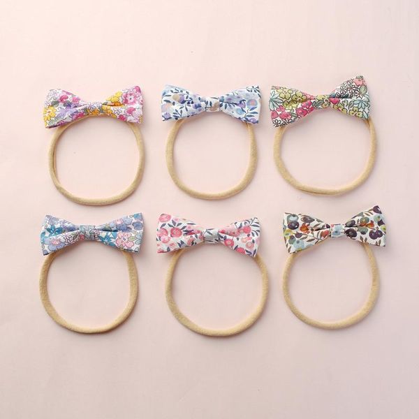 

6pcs/lot flowers cotton prints nylon bows headbands elastic knot nylon hairbands baby girls stretchy hair accessory, Slivery;white