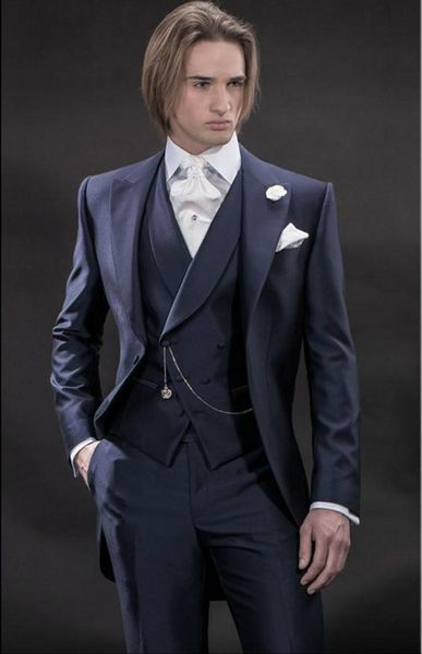 Avrupa Tasarım Morning Suit Lacivert Damat Smokin Erkekler Düğün Parti Takım Elbise Adam Business Suits (Ceket + Pantolon + Yelek + Kravat) BM: 921