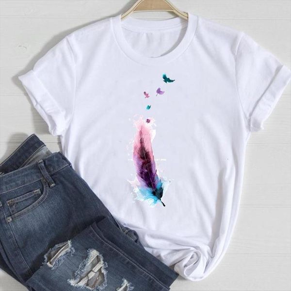 

and women casual kawaii men t shirts feather watercolor cartoon summer female tshirts fashion clothes graphic lady print tee, White;black