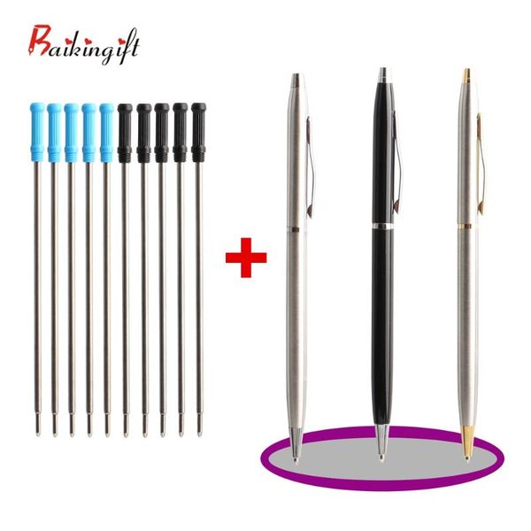 

ballpoint pens 1+10/set 1pcs ball pen with 10pcs refills rotating metal stationery for office & school supplies ink blue 0.7, Blue;orange